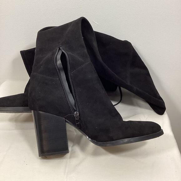 Marc Fisher Tall Over the Knee Boot Black Suede US 10 Heeled Pointy Toe Tie Back - Picture 9 of 10